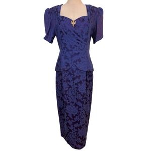 Vtg 90s Scott McClintock Dress 12 Purple Brocade Peplum Midi wedding event